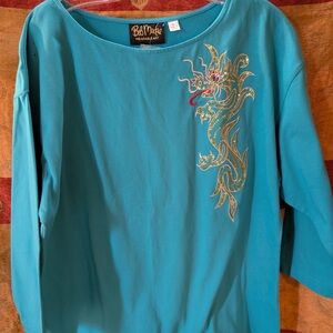 Bob Mackie Teal Long Sleeve Top with Dragon Embroidery